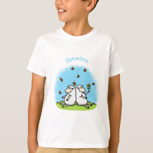 Cute fårvänner och fjärilar tecknad t shirt