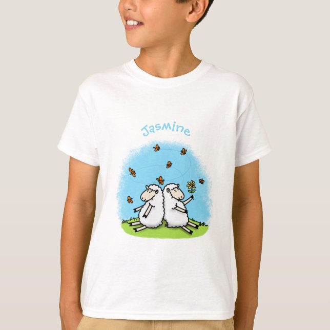 Cute fårvänner och fjärilar tecknad t shirt (Framsida)