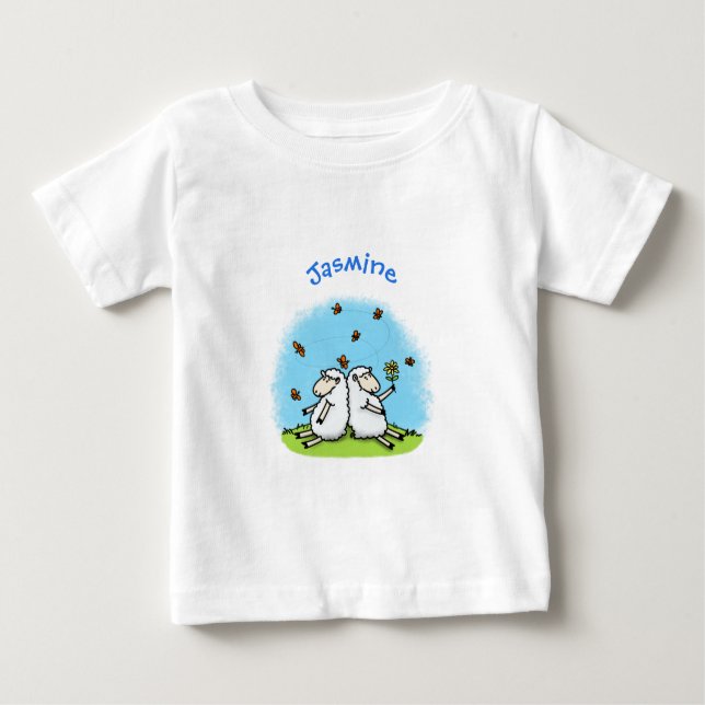 Cute fårvänner och fjärilar tecknad t shirt (Framsida)