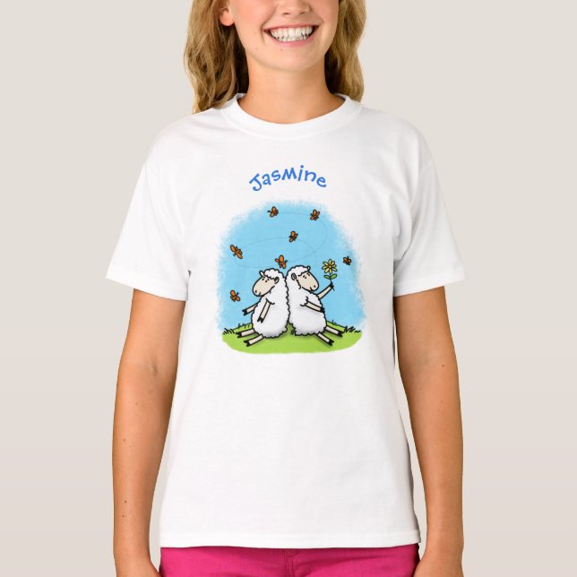 Cute fårvänner och fjärilar tecknad t shirt (Framsida)