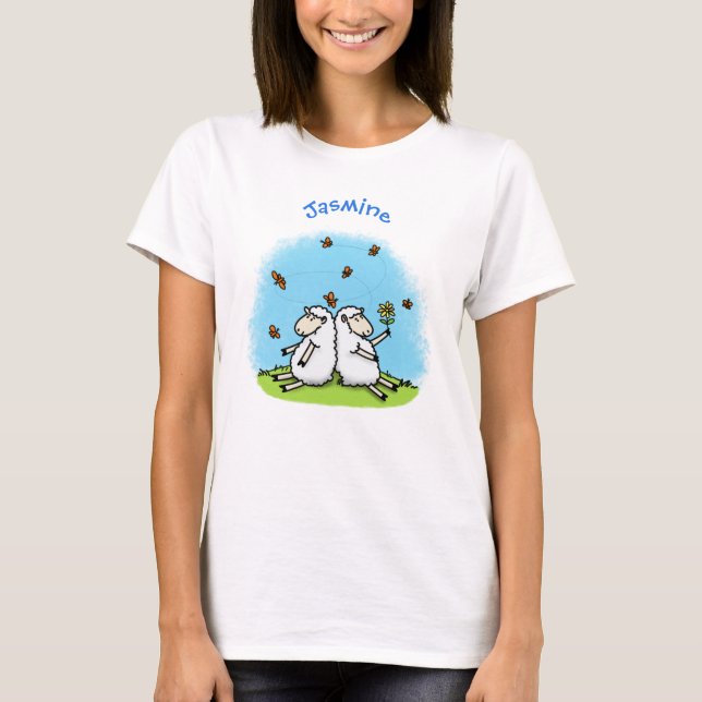 Cute fårvänner och fjärilar tecknad t shirt (Framsida)