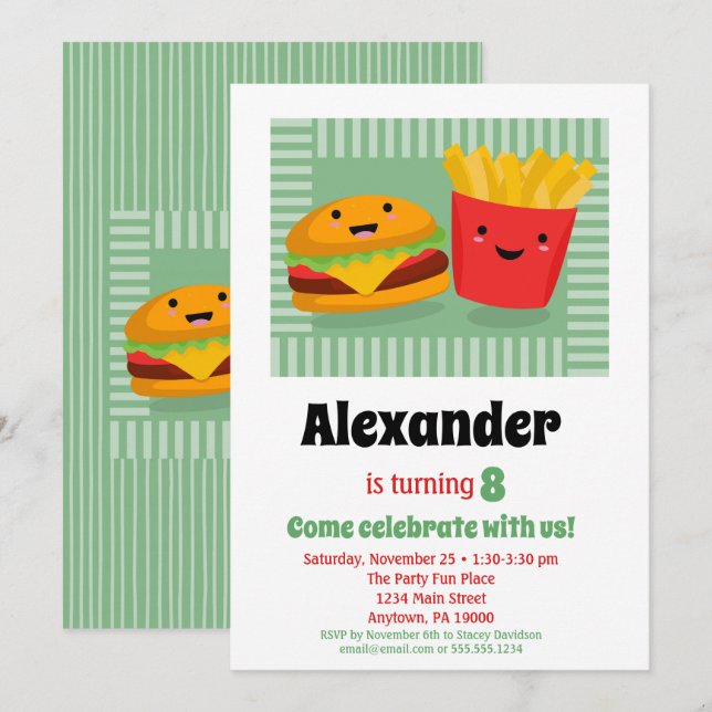 Cute Fast Food Hamburger Fries Birthday-inbjudan Inbjudningar (Fram/baksida)