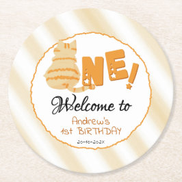 Cute Fat Orange Cat 1st Birthday Underlägg Papper Rund