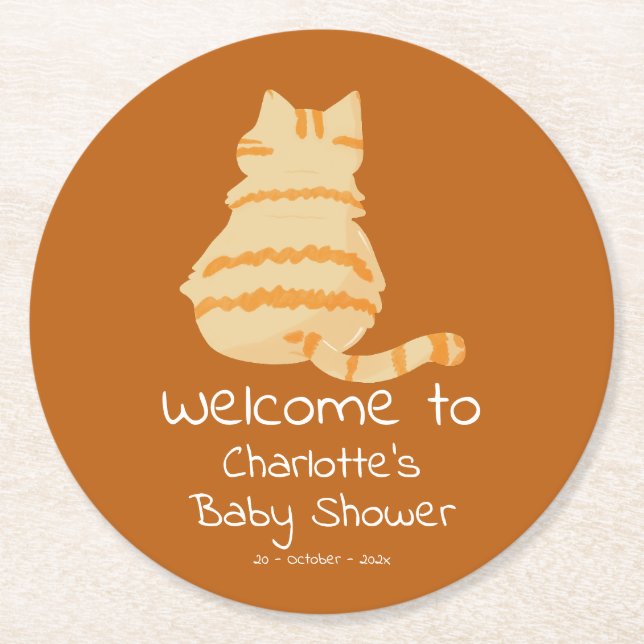 Cute Fat Orange Cat Baby Shower Underlägg Papper Rund (Framsidan)