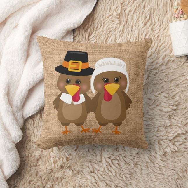 Cute faux burlap Thanksgiving Helgdag turkey Kudde (Filt)