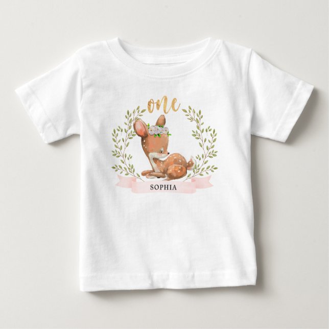 Cute Fawn 1st Birthday T shirt (Framsida)