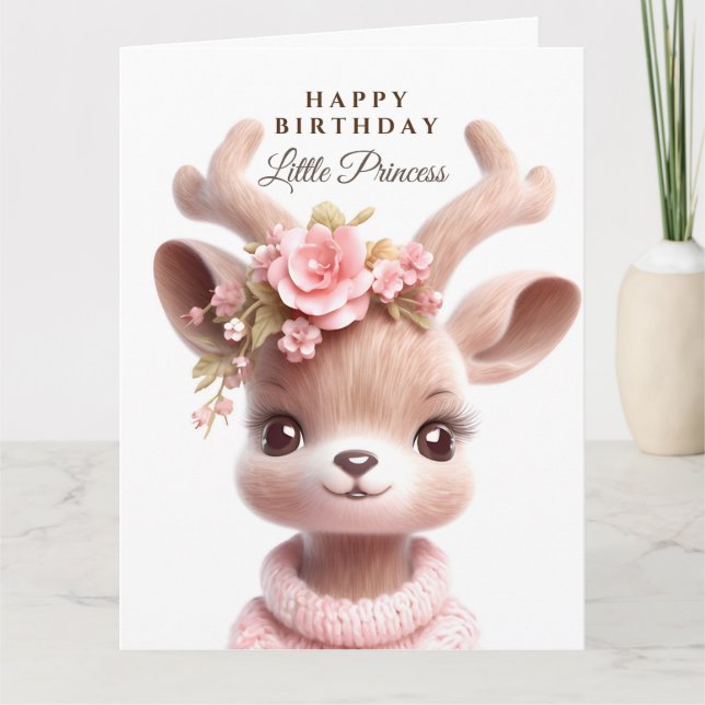 Cute fawn, baby hjort i rosa klänning med blommor kort (Framsida)