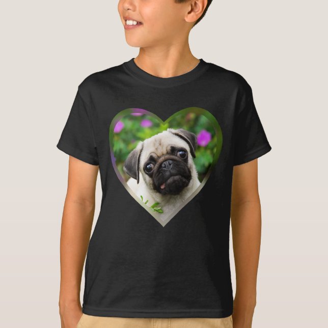 Cute Fawn Färgad Pug Puppy Hund Photo Heart - T Shirt (Framsida)