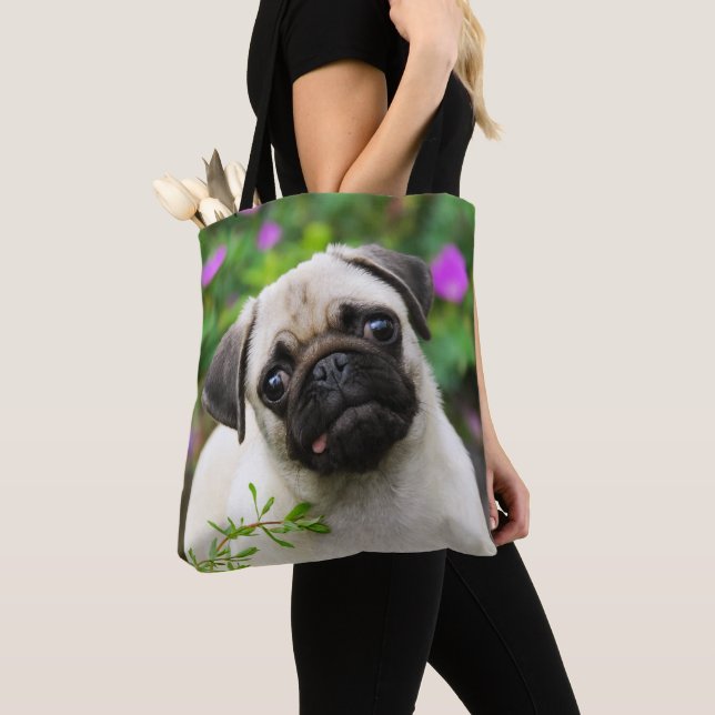Cute Fawn Färgad Pug Puppy Hund Porträtt Shopper Tygkasse (Närbild)