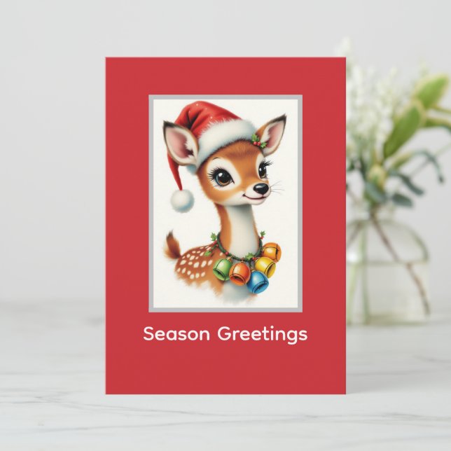Cute Fawn Reindeer Santa Hat  Julkort (Stående Fram)