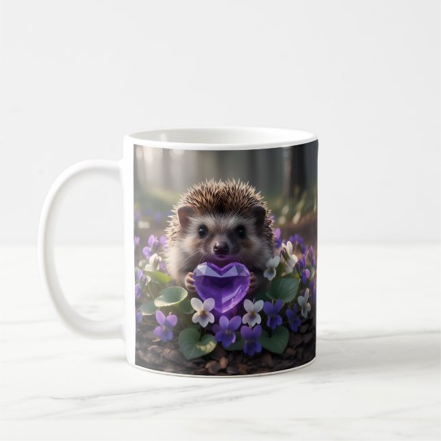 Cute February Hedgehog with Amethyst Heart Kaffemugg (Vänster)