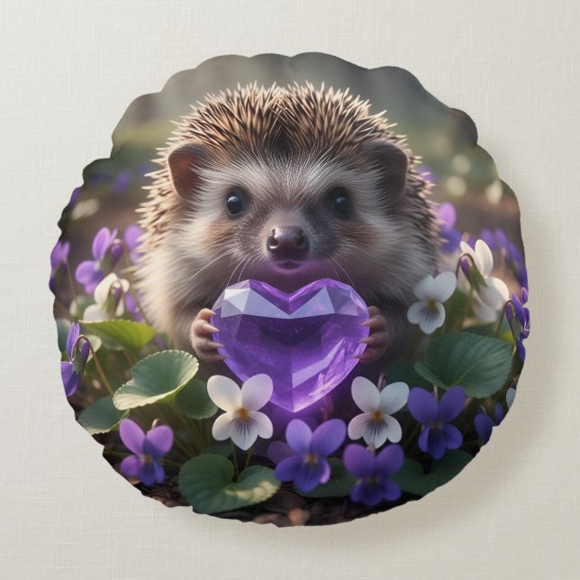 Cute February Hedgehog with Amethyst Heart Rund Kudde (Framsidan)