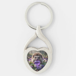 Cute February Hedgehog with Amethyst Heart Twisted Heart Silverfärgad Nyckelring