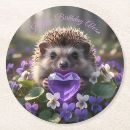 Cute February Hedgehog with Amethyst Heart Underlägg Papper Rund