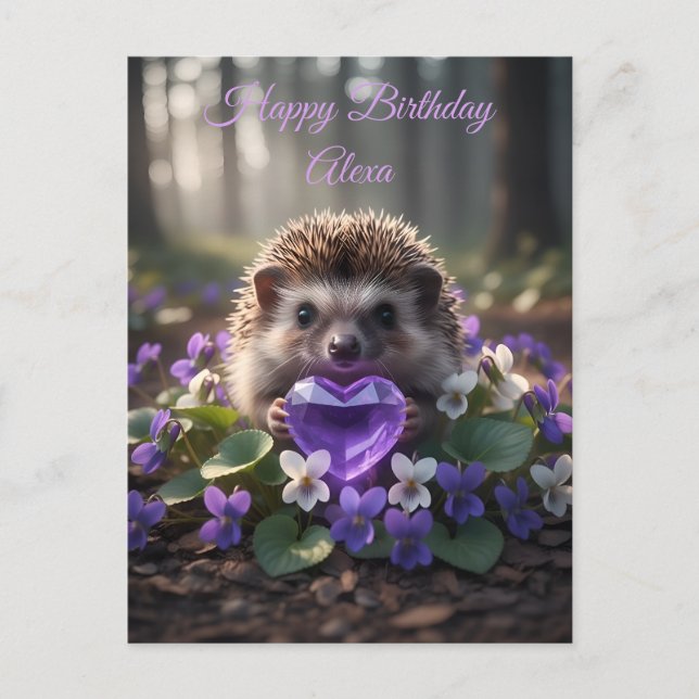 Cute February Hedgehog with Amethyst Heart Vykort (Framsida)