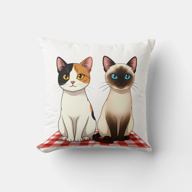 Cute Felines on Red Checkered Blanket Kudde (Framsida)