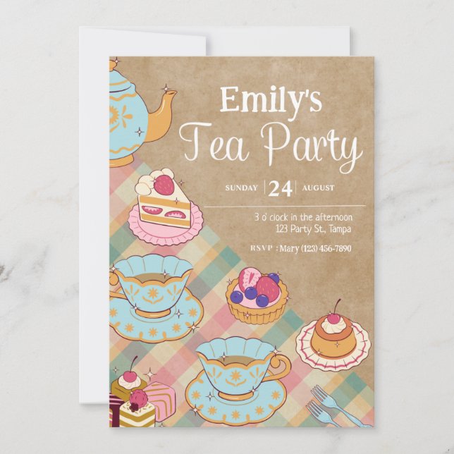 Cute Feminine Rosa Blue Tea Party Birthday Inbjudningar (Framsida)