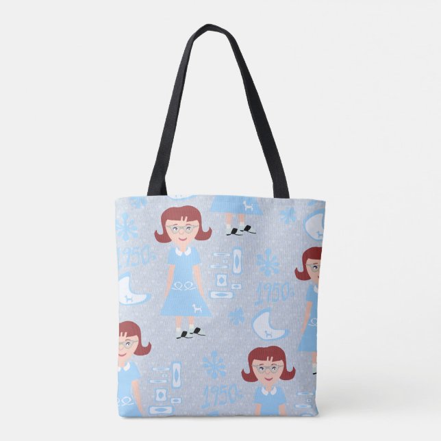Cute Femties Retro Girl Illustrated Blue Mönster Tygkasse (Baksida)
