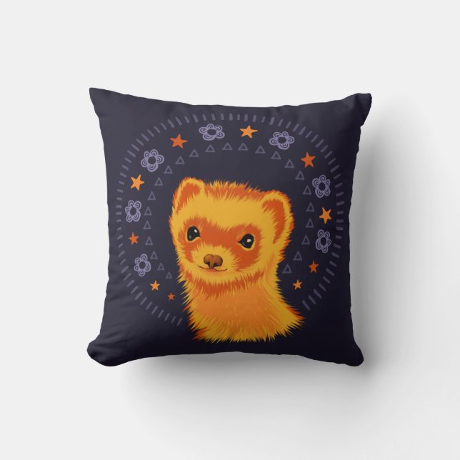 Cute Ferret Art - Färgstark leende Mustelid Design Kudde (Framsida)