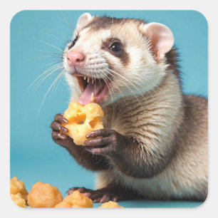 Cute Ferret Eating Cheese Puffs Fyrkantigt Klistermärke