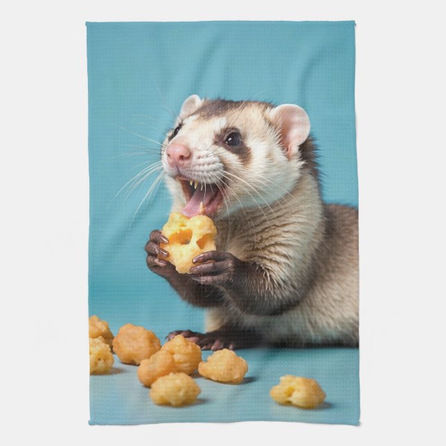 Cute Ferret Eating Cheese Puffs Kökshandduk (Vertikal)