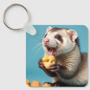 Cute Ferret Eating Cheese Puffs Nyckelring