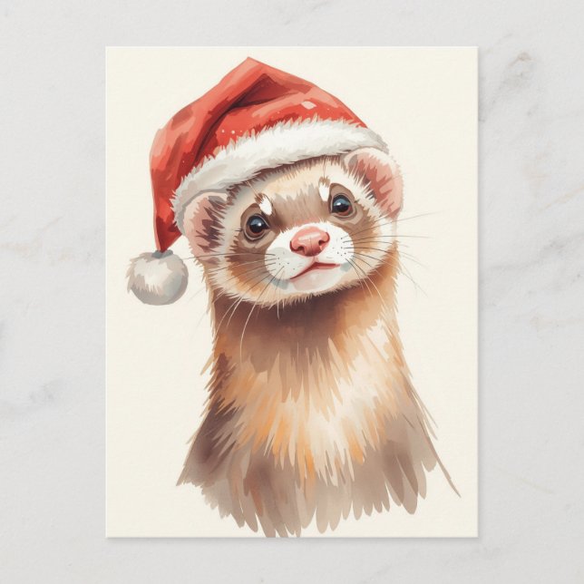 Cute Ferret in Santa Hat Watercolor Helg Vykort (Framsida)