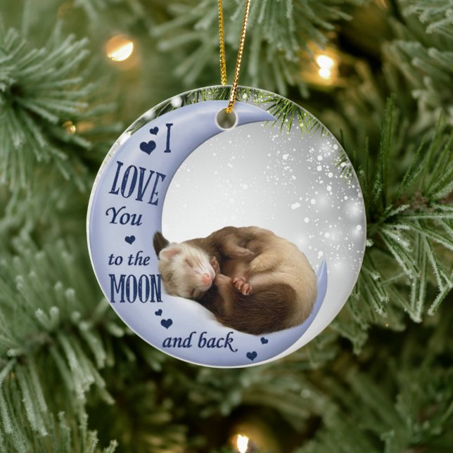 Cute Ferret Sleeping Kärlek to Måne Back animal Julgransprydnad Keramik (Träd)