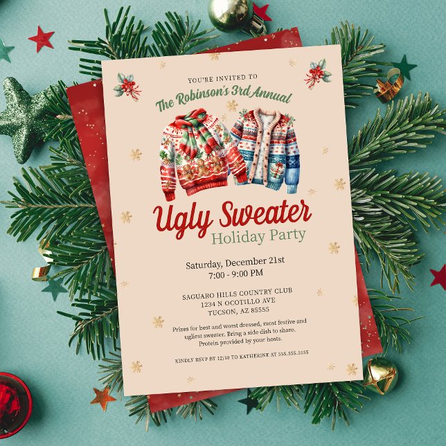 Cute Festive Årsdag Ugly God Jul Party Inbjudningar (festive ugly christmas sweater party invitations for corporate work office or school family party)