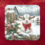 Cute Festive Baby Goat på julen på gården Fyrkantigt Klistermärke<br><div class="desc">Julklistermärken eller kuvertförseglare. En vattenfärgad illustration av en scen på en rustik gård med en baby-get sitta bakom ett trästaket som dekoreras i gräs,  bär och trädgård på en vinterdag under jul.</div>