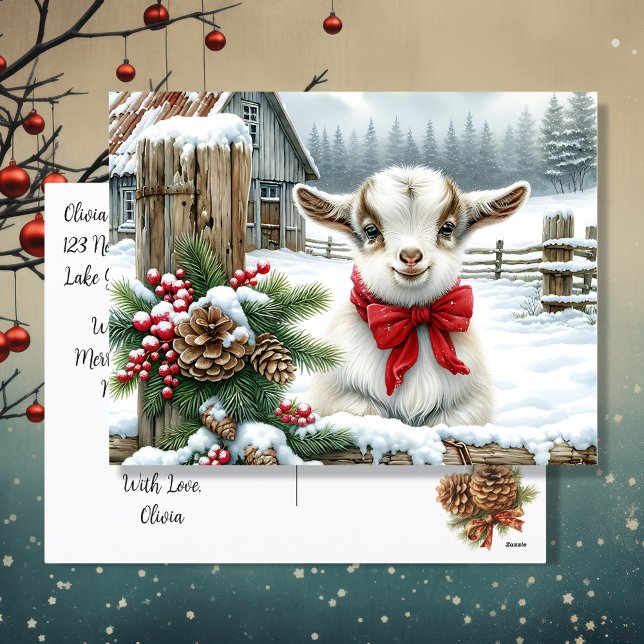 Cute Festive Baby Goat på julen på gården Helg Vykort (Skapare uppladdad)