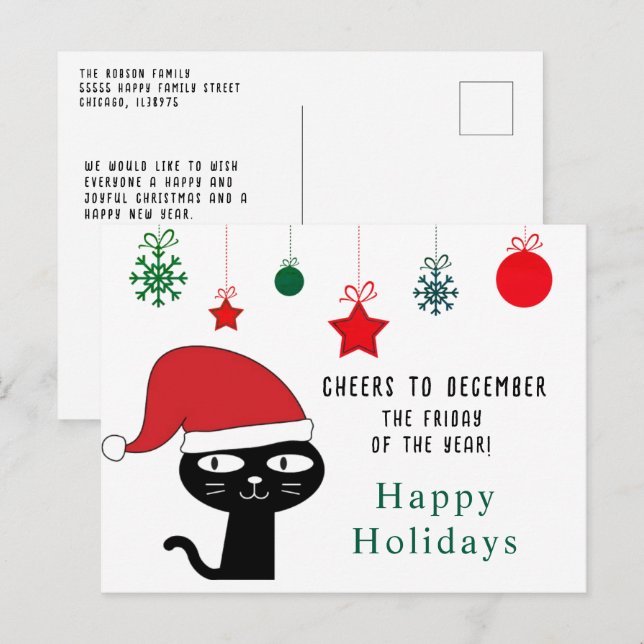 Cute Festive Cat med Red Santa Hat Modern Helg Vykort (Fram/baksida)