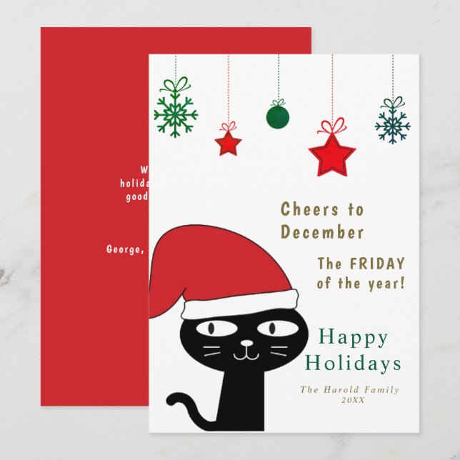 Cute Festive Cat med Red Santa Hat Modern Julkort (Fram/baksida)