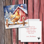 Cute Festive Chicken Cluckin Bra God jul<br><div class="desc">Julkort i personlig med en vattenfärgad kyckling i stil som står vid ett rostfritt trästängsel framför en lada. Lustigt helgdag på baksidan som kan redigeras i personligen.</div>