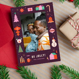 Cute Festive Colorful Frame Family Christmas Photo Julkort