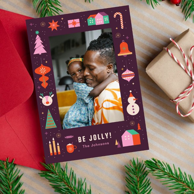 Cute Festive Colorful Frame Family Christmas Photo Julkort (Skapare uppladdad)