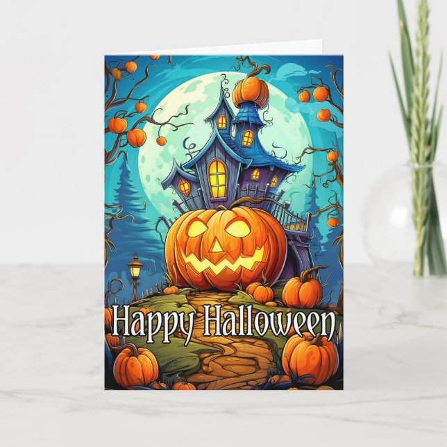 Cute Festive Haunted House | HAPPY HALLOWEEN Kort (Framsida)