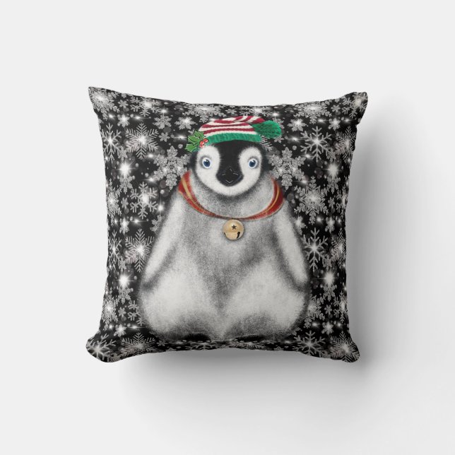 Cute Festive helgdag Penguin glitter snöflingor Kudde (Framsida)
