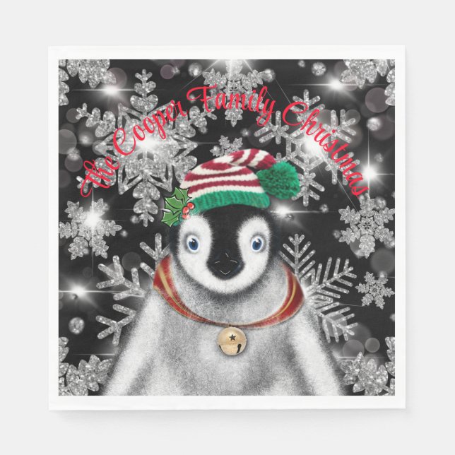 Cute Festive helgdag Penguin glitter snöflingor Pappersservett (Framsidan)