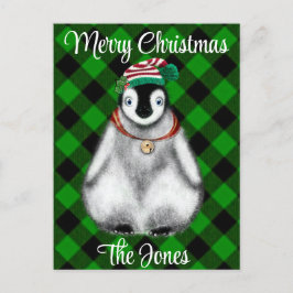 Cute festive helgdag Penguin grönt Black plaid Helg Vykort