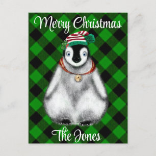 Cute festive helgdag Penguin grönt Black plaid Helg Vykort