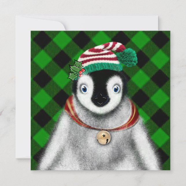 Cute festive helgdag Penguin grönt Black plaid Inbjudningar (Framsida)