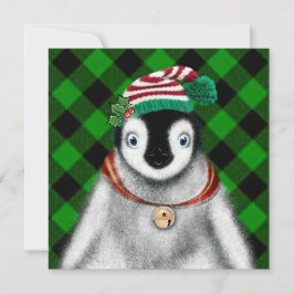 Cute festive helgdag Penguin grönt Black plaid Inbjudningar