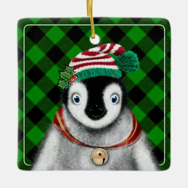 Cute festive helgdag Penguin grönt Black plaid Julgransprydnad Keramik (Framsida)