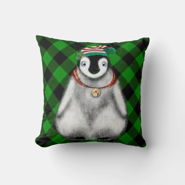 Cute festive helgdag Penguin grönt Black plaid Kudde (Framsida)
