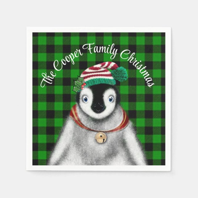 Cute festive helgdag Penguin grönt Black plaid Pappersservett (Framsidan)