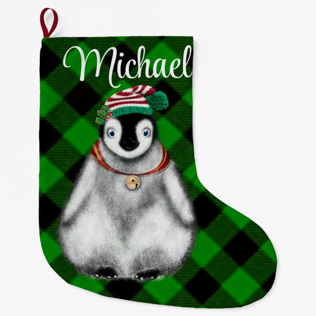 Cute festive helgdag Penguin grönt Black plaid Stor Julstrumpa (Framsidan)