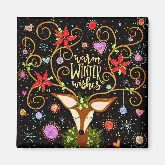 Cute Festive Helgdag Reindeer Warm Önskemål Magnet (Framsidan)