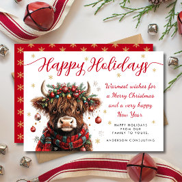 Cute Festive Highland Cow Happy Holidays Business Julkort