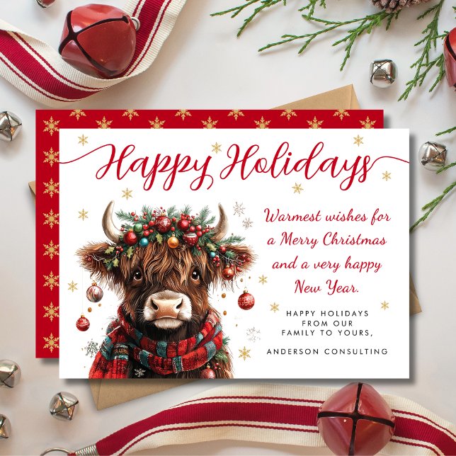 Cute Festive Highland Cow Happy Holidays Business Julkort (Skapare uppladdad)